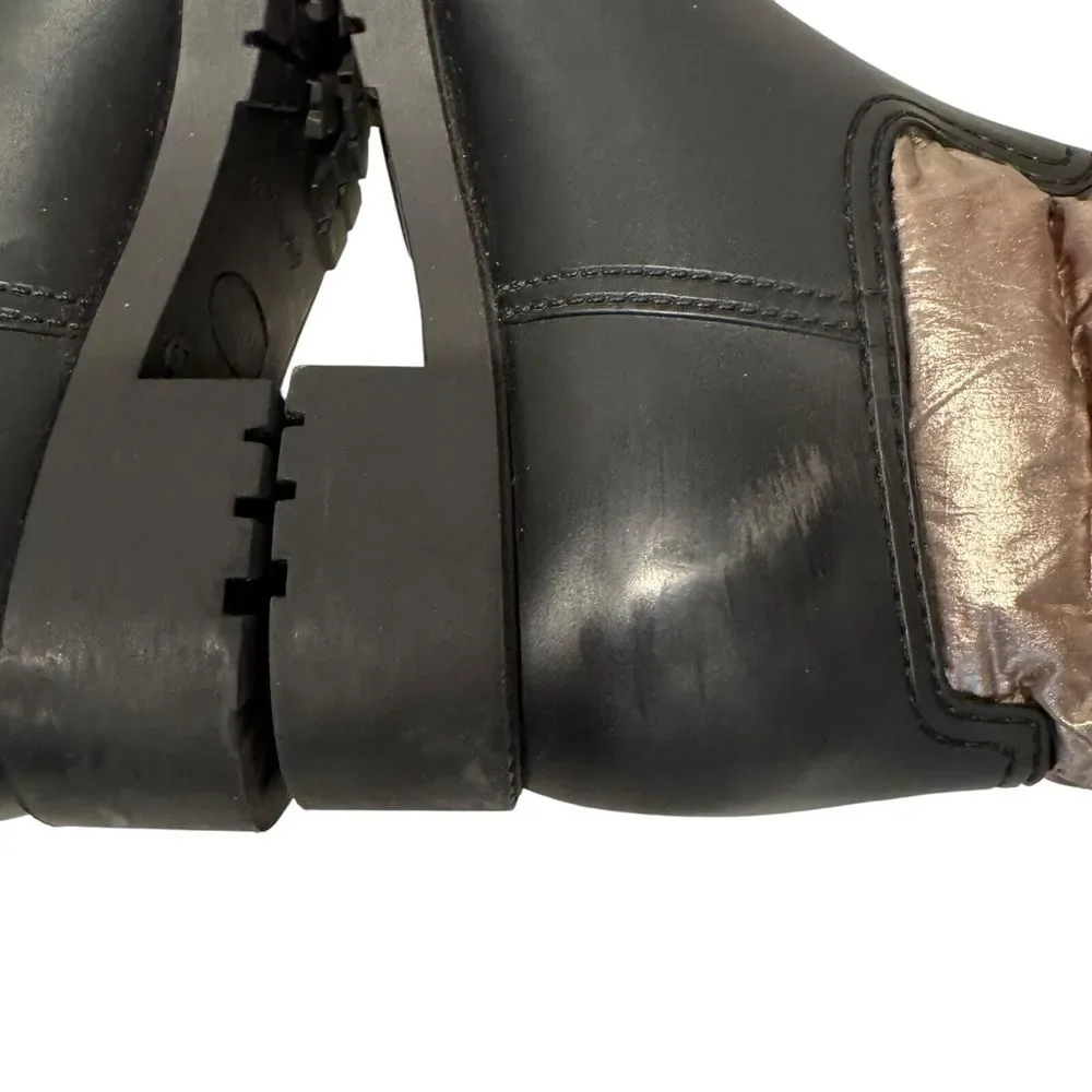 Moncler Black Rubber Boots with Metallic Taupe Quilted Shaft